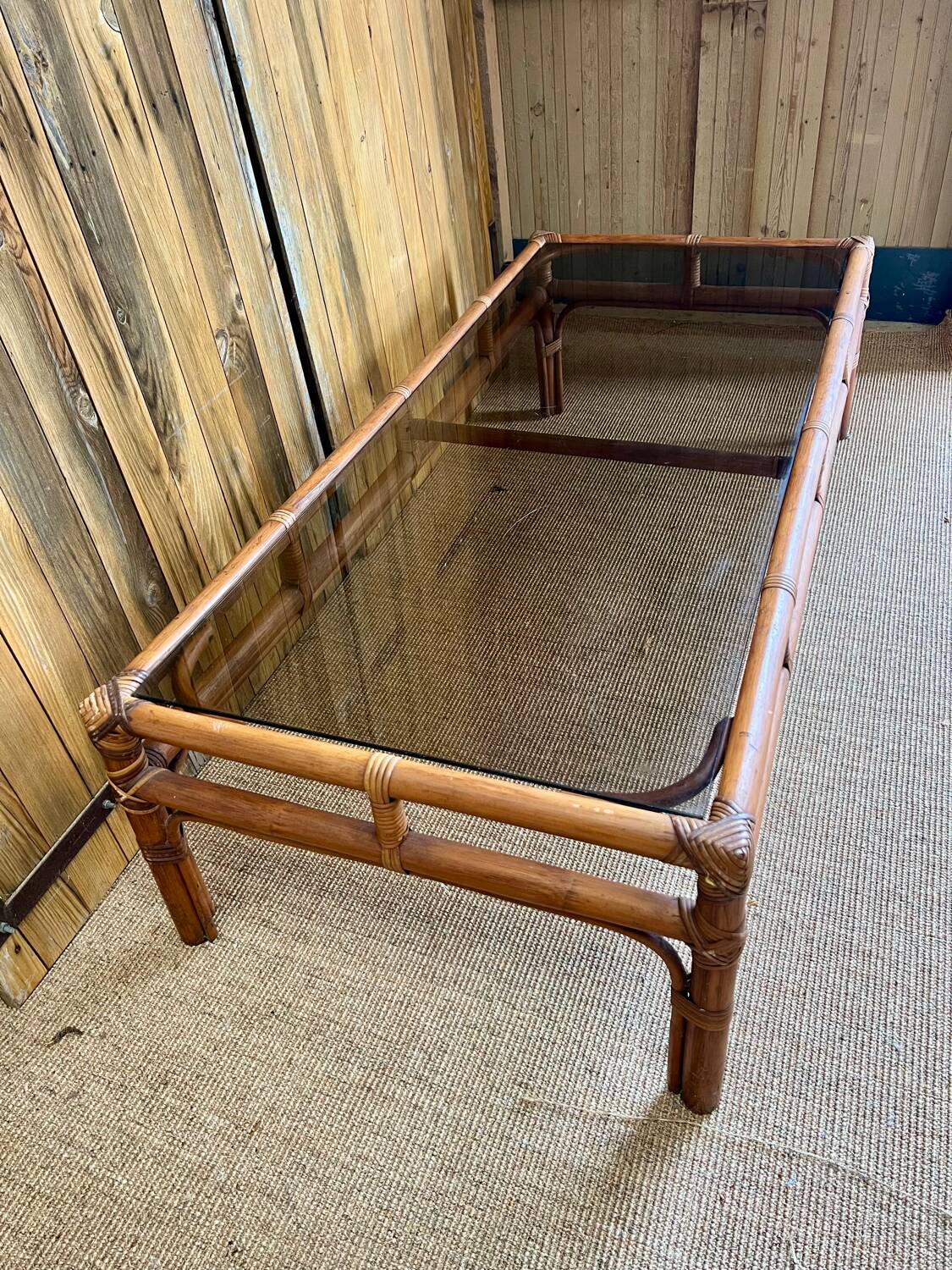 Large bamboo and smoked glass coffee table