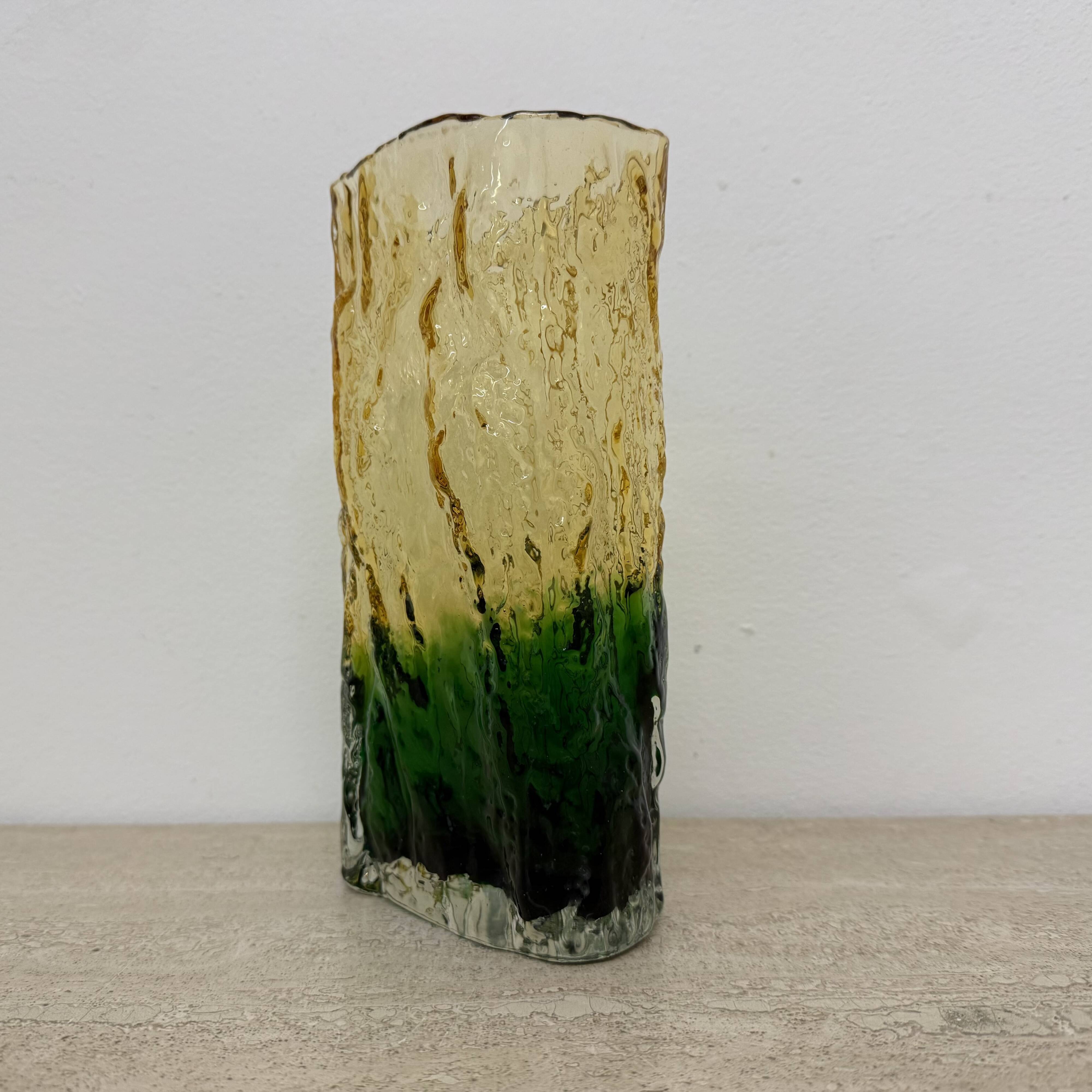 Vintage bark glass vase yellow and green , 1970’s