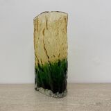 Vase vintage en verre écorce jaune et vert, années 1970