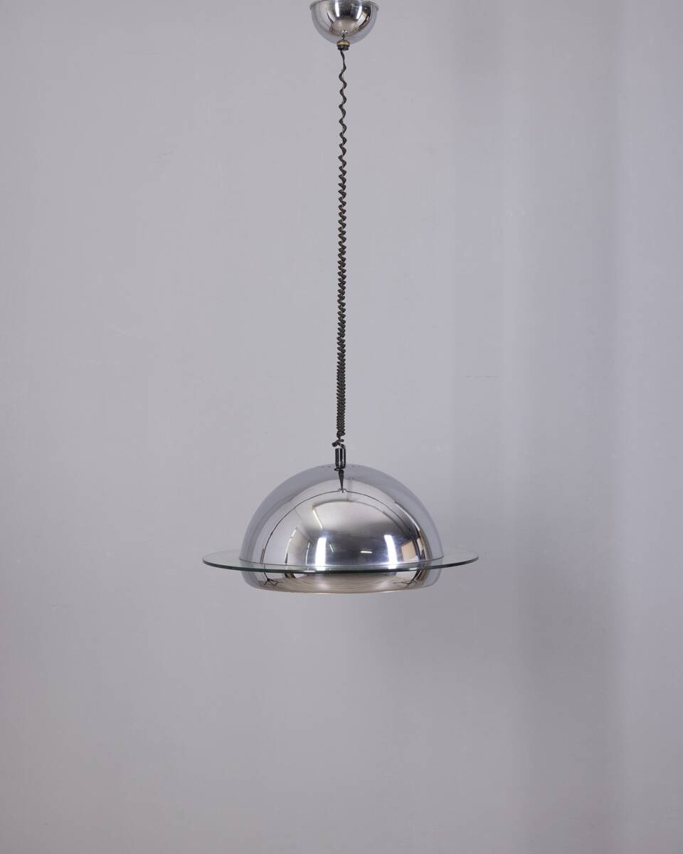 VINTAGE 1970S CHANDELIER IN CHROME-PLATED METAL AND GLASS, ITALIAN DESIGN