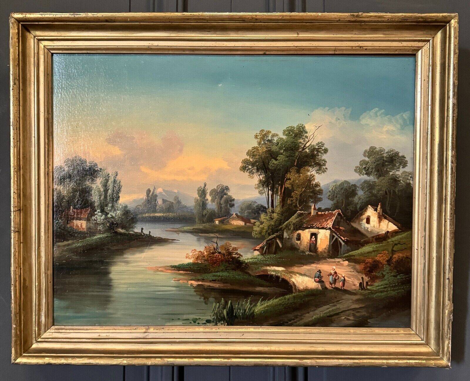 Oil on canvas landscape on the edge of a river late 19th century