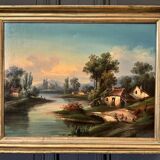Oil on canvas landscape on the edge of a river late 19th century