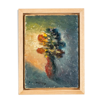 Nature morte expressionniste aux fleurs, huile sur toile, 20 x 26cm