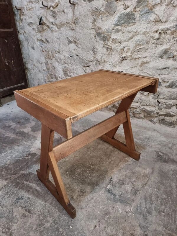 Bureau d'école français vintage en chêne, plateau à charnière, années 1960