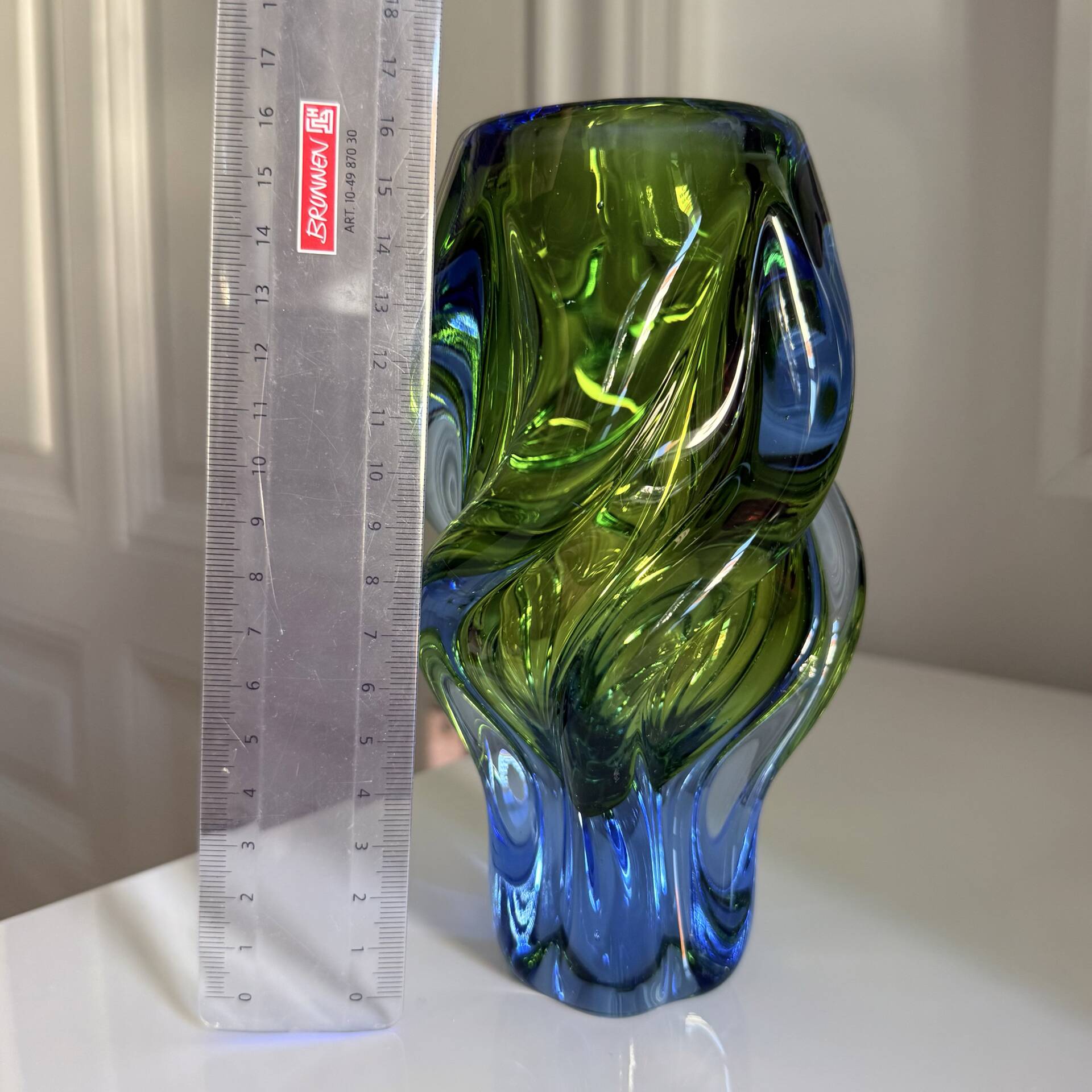 Twisted Sommerso art glass vase, Czech bohemian, 1970s, blue-green.