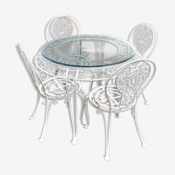 Garden furniture in white wrought iron and beveled glass early twentieth century