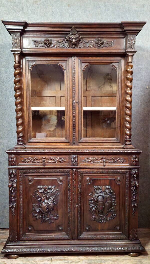 Buffet bibliothèque deux corps ancien en bois sculpté
