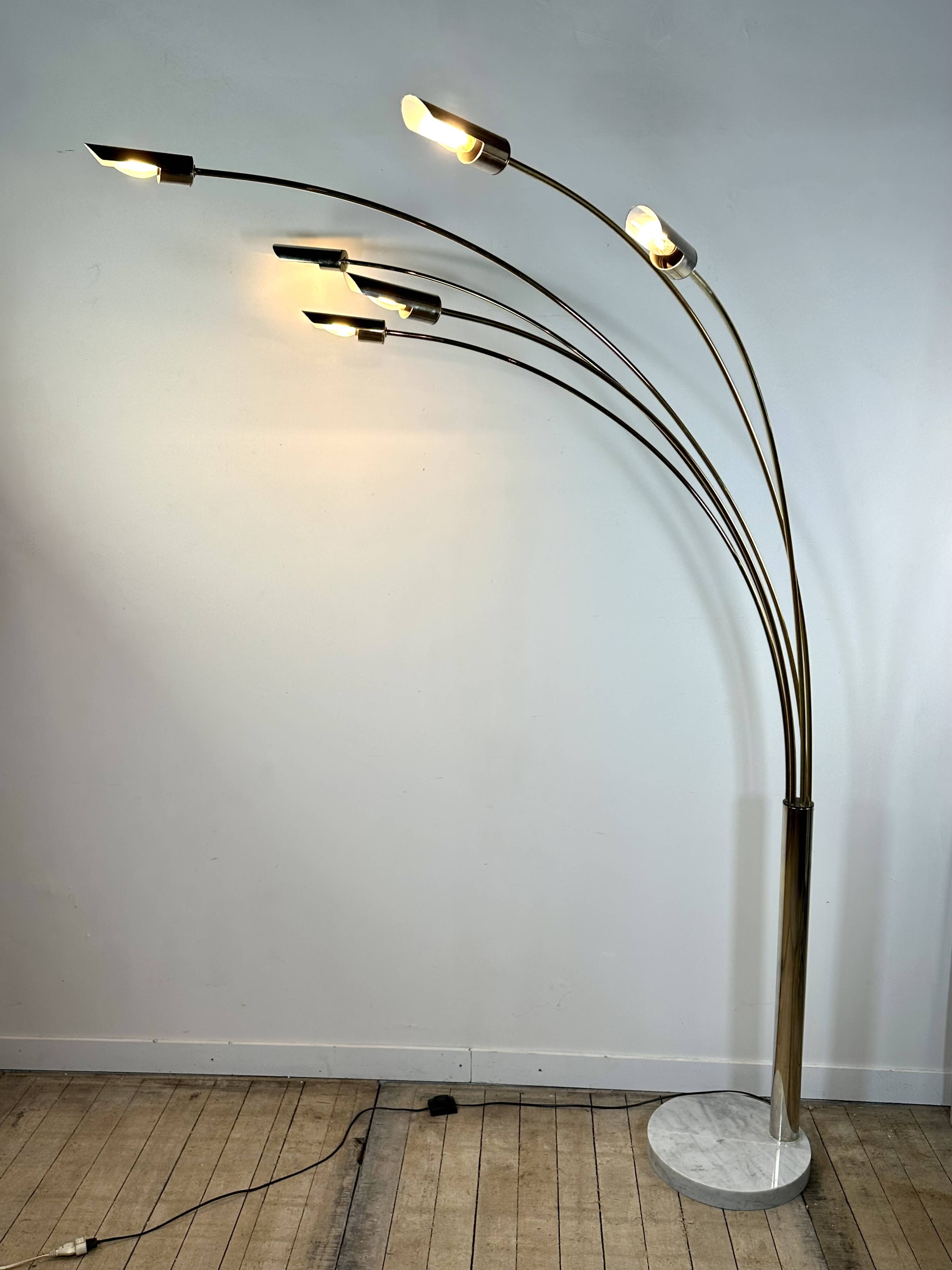 Italian Arc floor lamp with 6 lights in gold brass, 1970s.