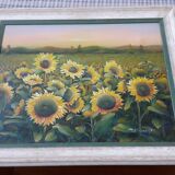 Tableau ancien à l'huile représentant un paysage de tournesols