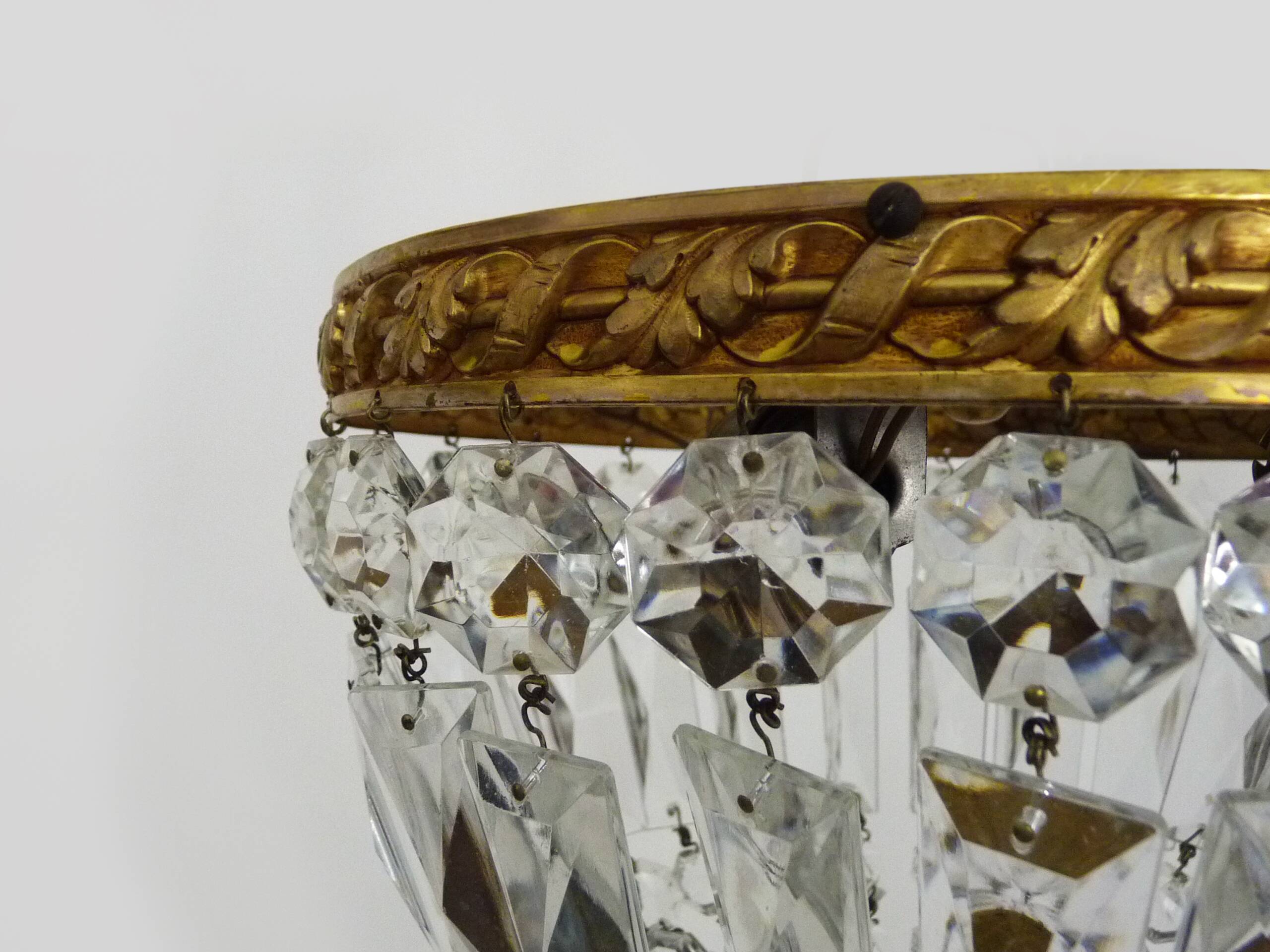 Old crown ceiling light with 3 lights, half basket with glass pendants.