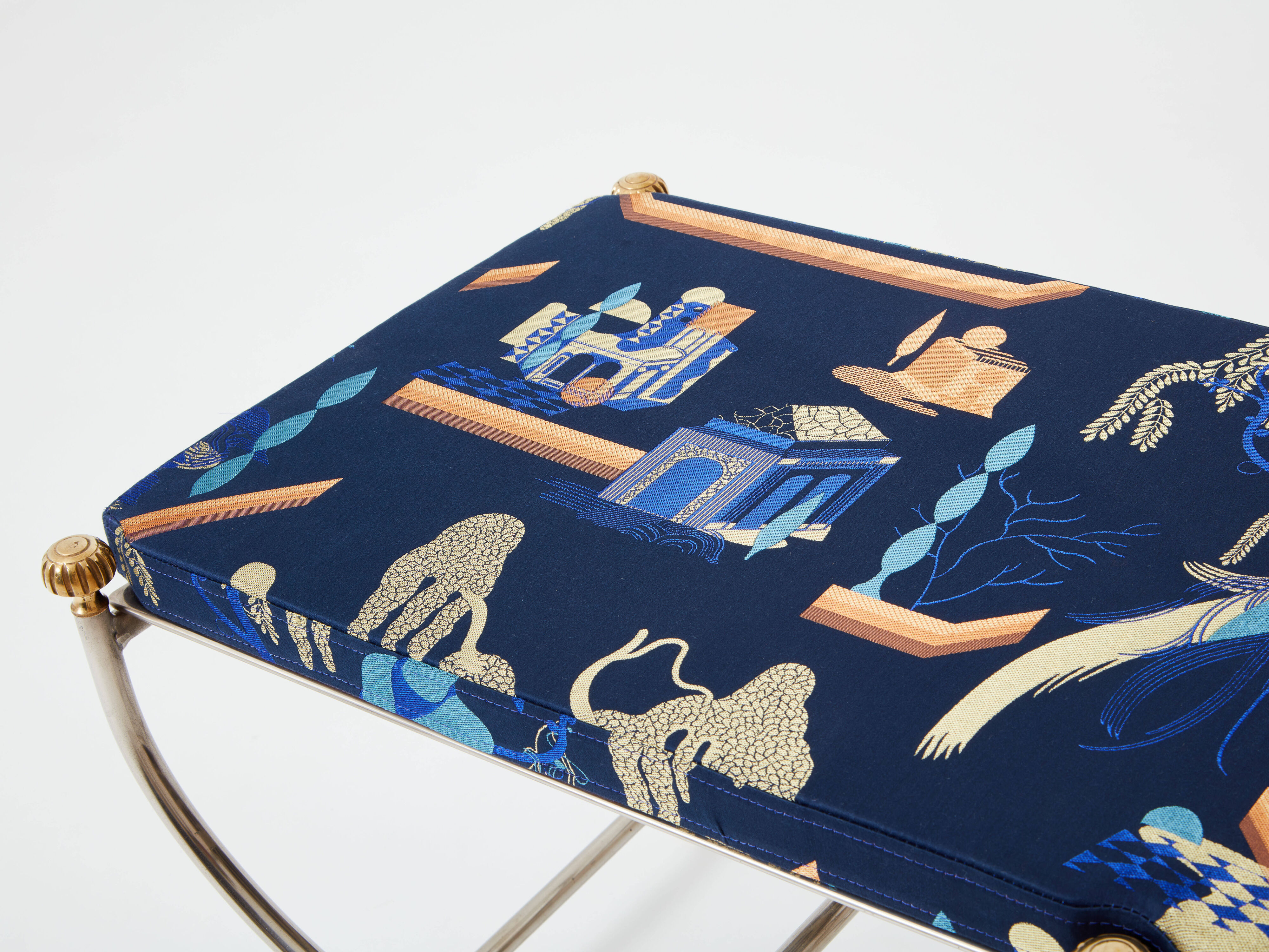 Brass jacquard steel curule bench from Maison Jansen circa 1960