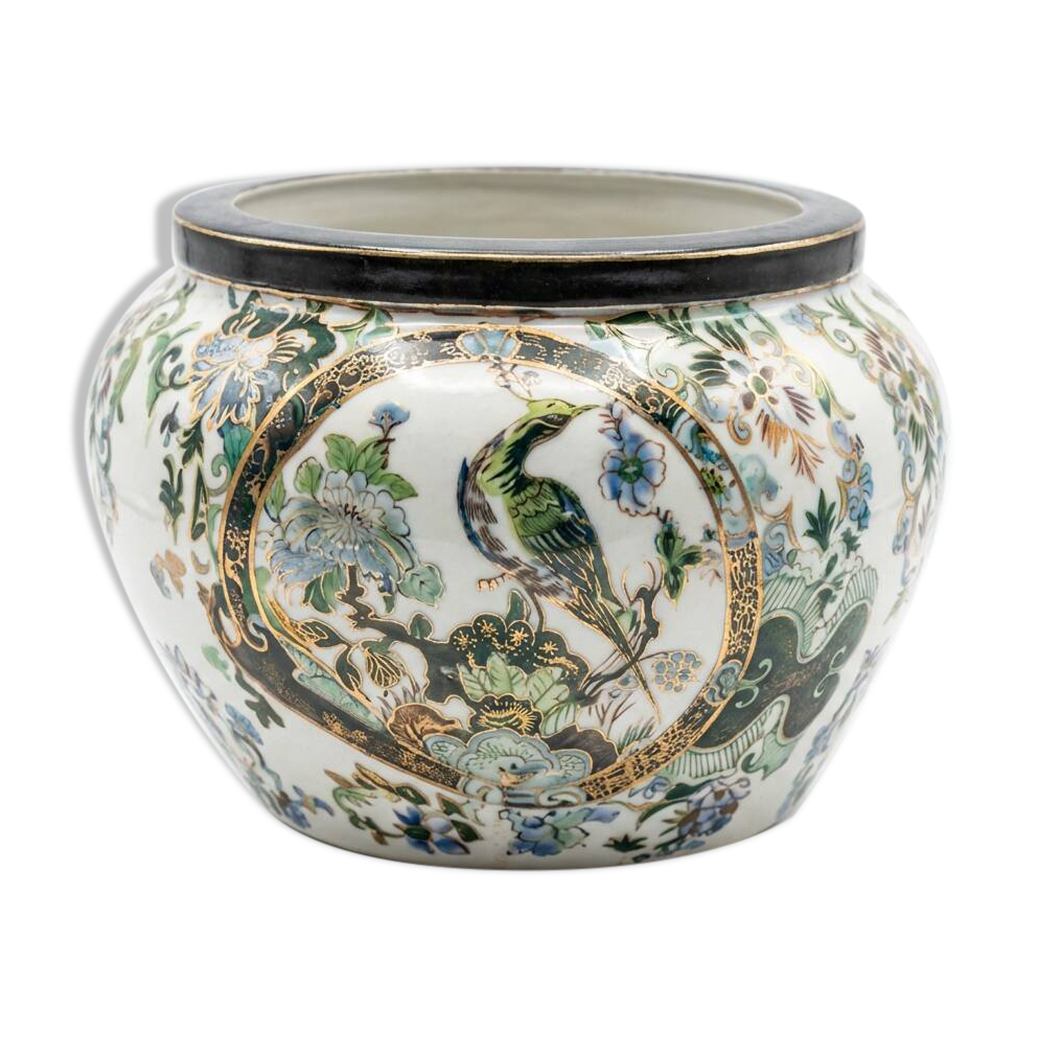 Vintage Japanese cache-pot in porcelain – bird and flower decoration – handmade