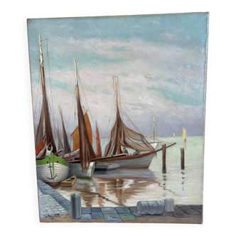 Oil painting on canvas jb maurice vecker (1896-1998) fishing port