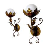 Pair of floral wall lamps by Ferro Arte, Gold leaf and opaline, Spain, 1960