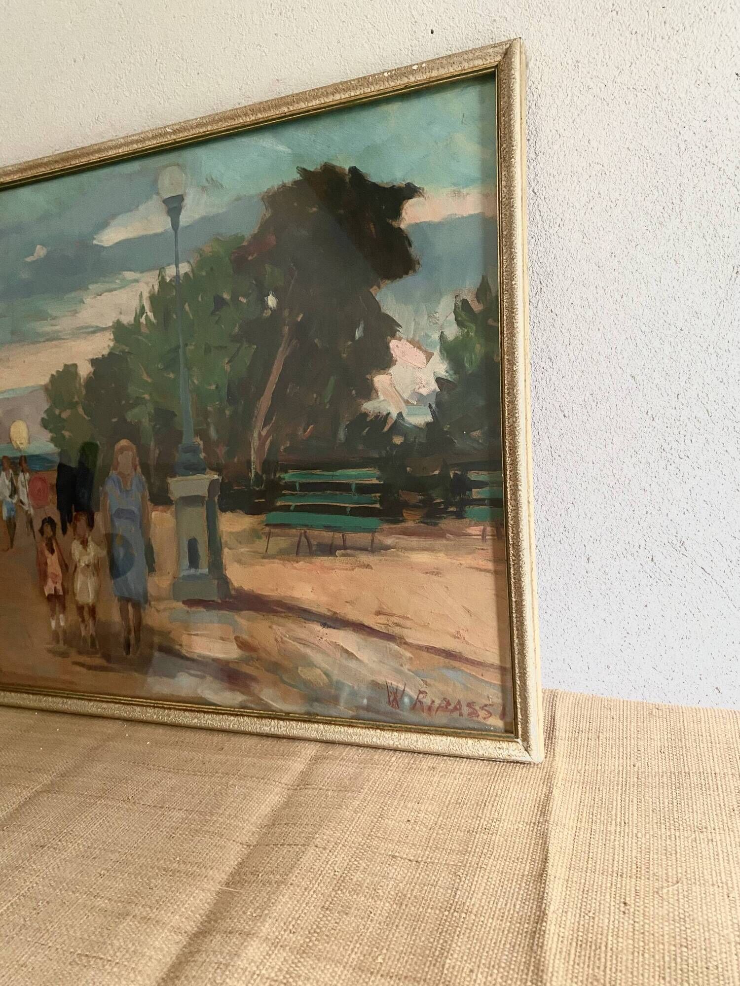 Oil painting "public garden" under glass, 1960s-70s