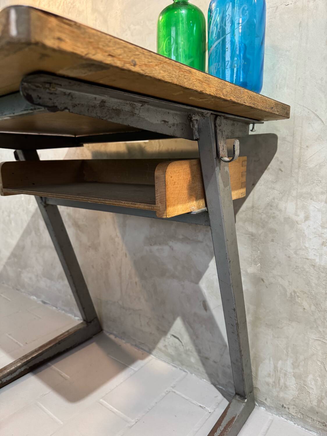 Small vintage wood and iron school desk from 1960-1970