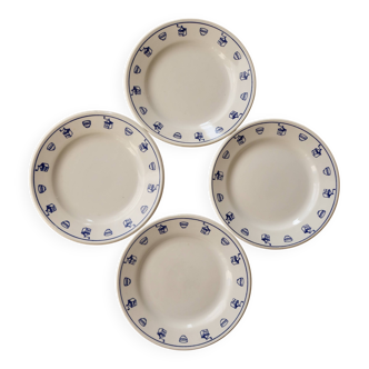 4 assiettes à dessert vintage en faïence motif petit déjeuner