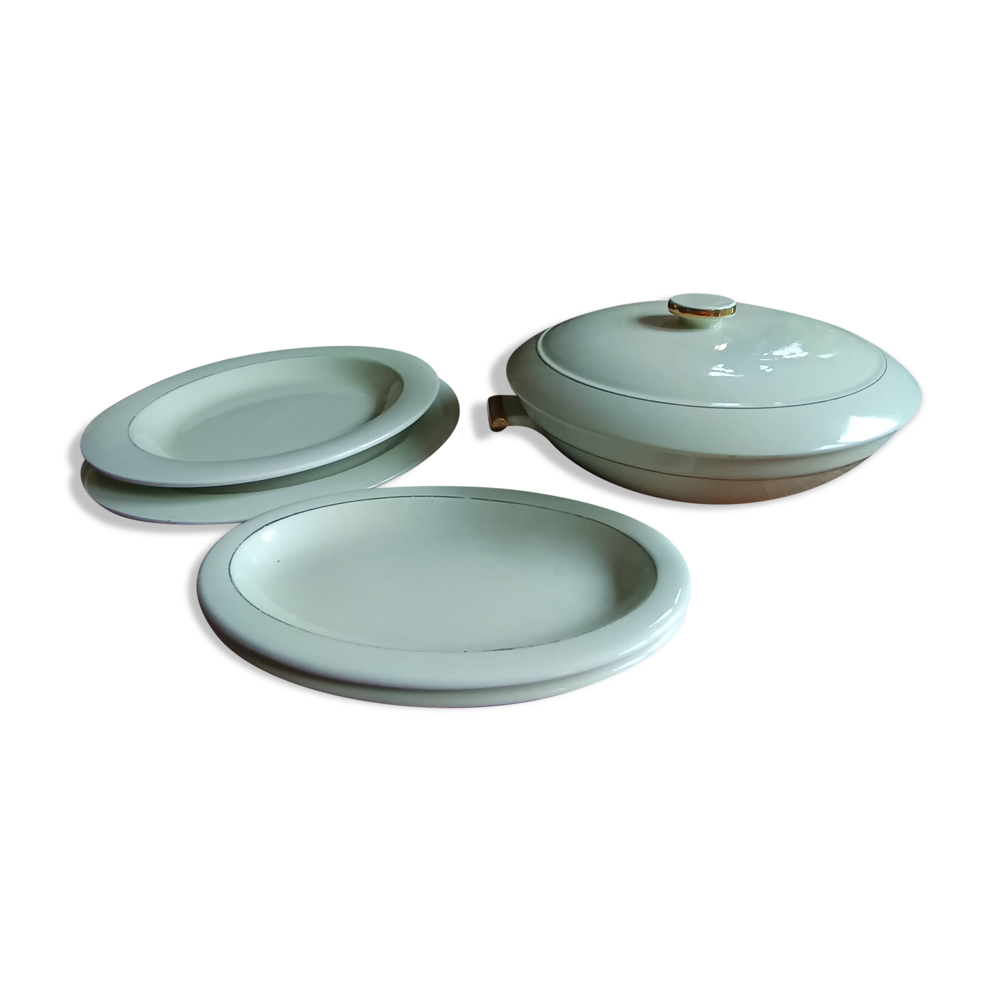 Vegetable dish with 2 platters and 2 small dishes, Salins earthenware, pale green Opaceline