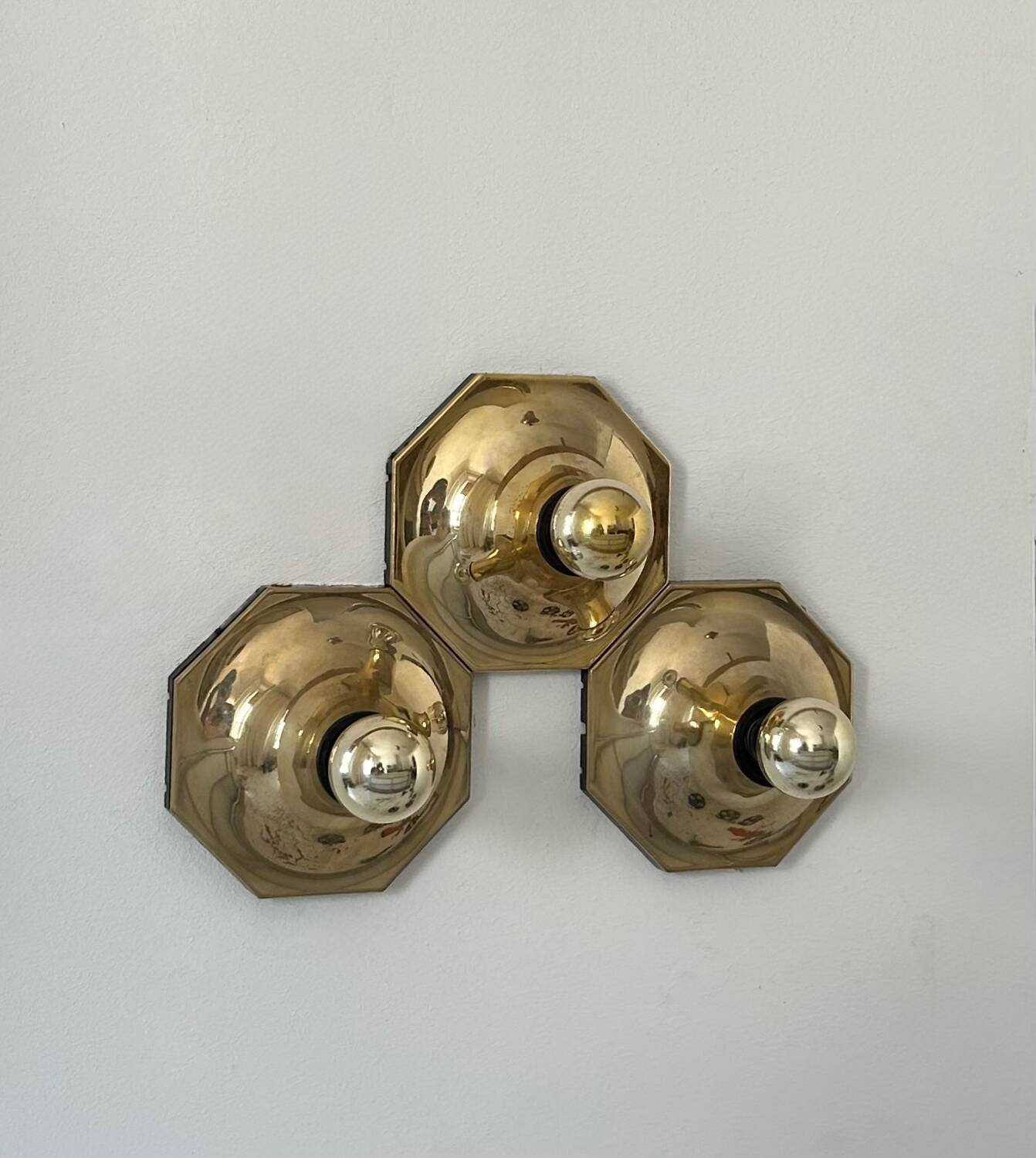 Set of 3 Motoko Ishii wall lights for staff leuchten, Brass, 1970