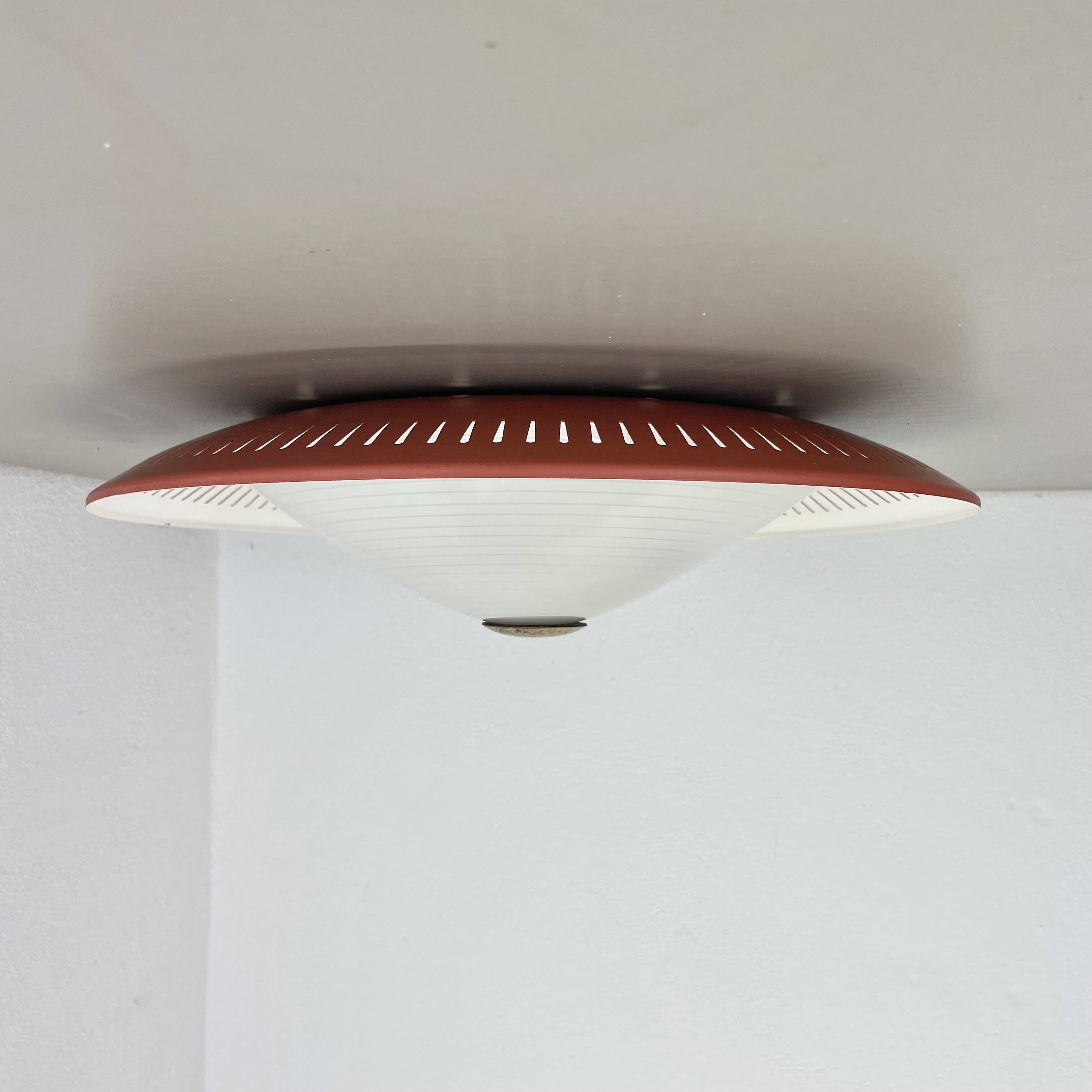 Modernist Stilnovo Style Metal glass Ceiling Flushmount Light, Italy 1950s