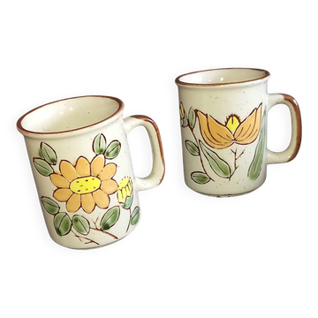set of 2 vintage bohemian chic stoneware mugs