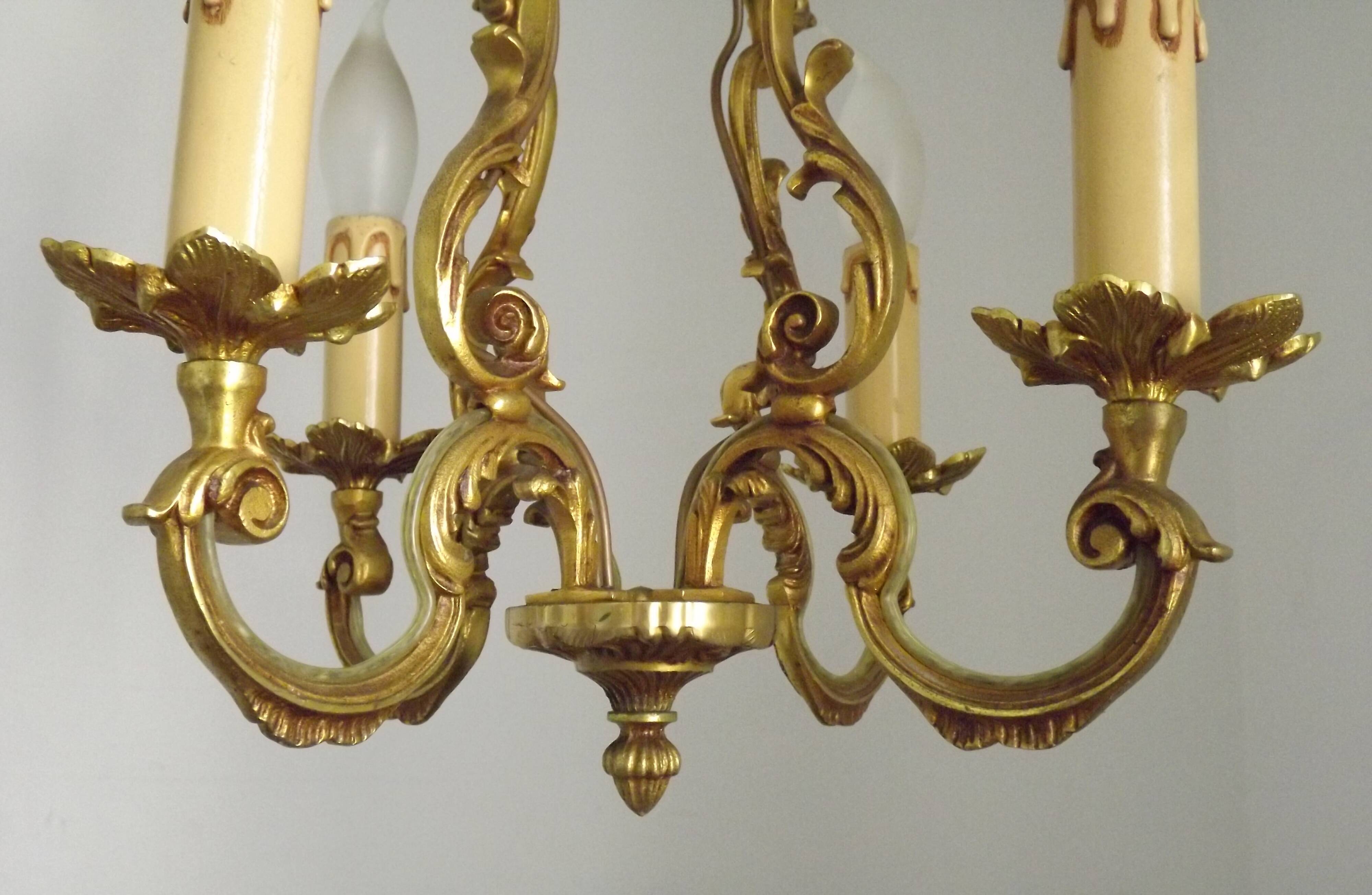 French Vintage Bronze Art Nouveau Style 4 Light 4 Sided Cage Chandelier