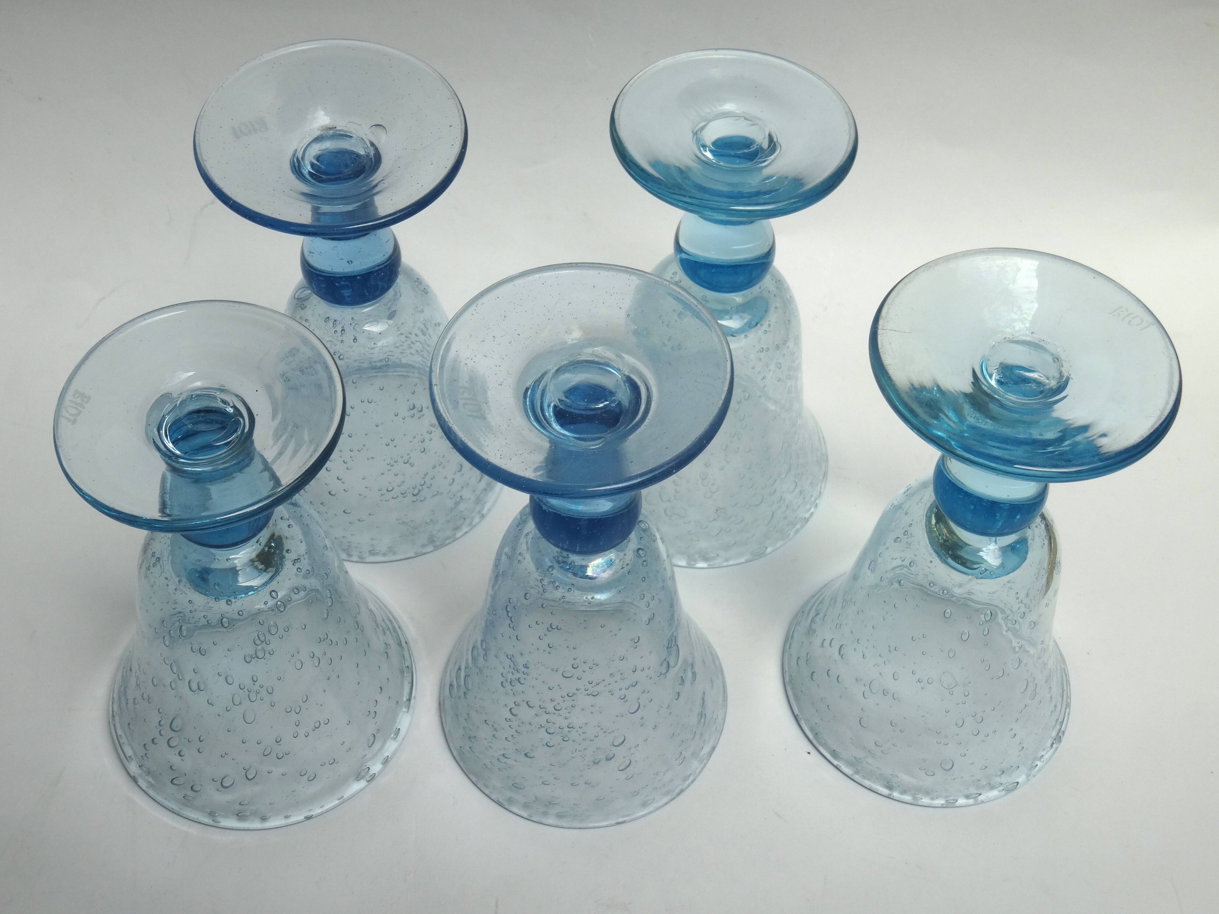 5 glasses with blue Biot stemmed