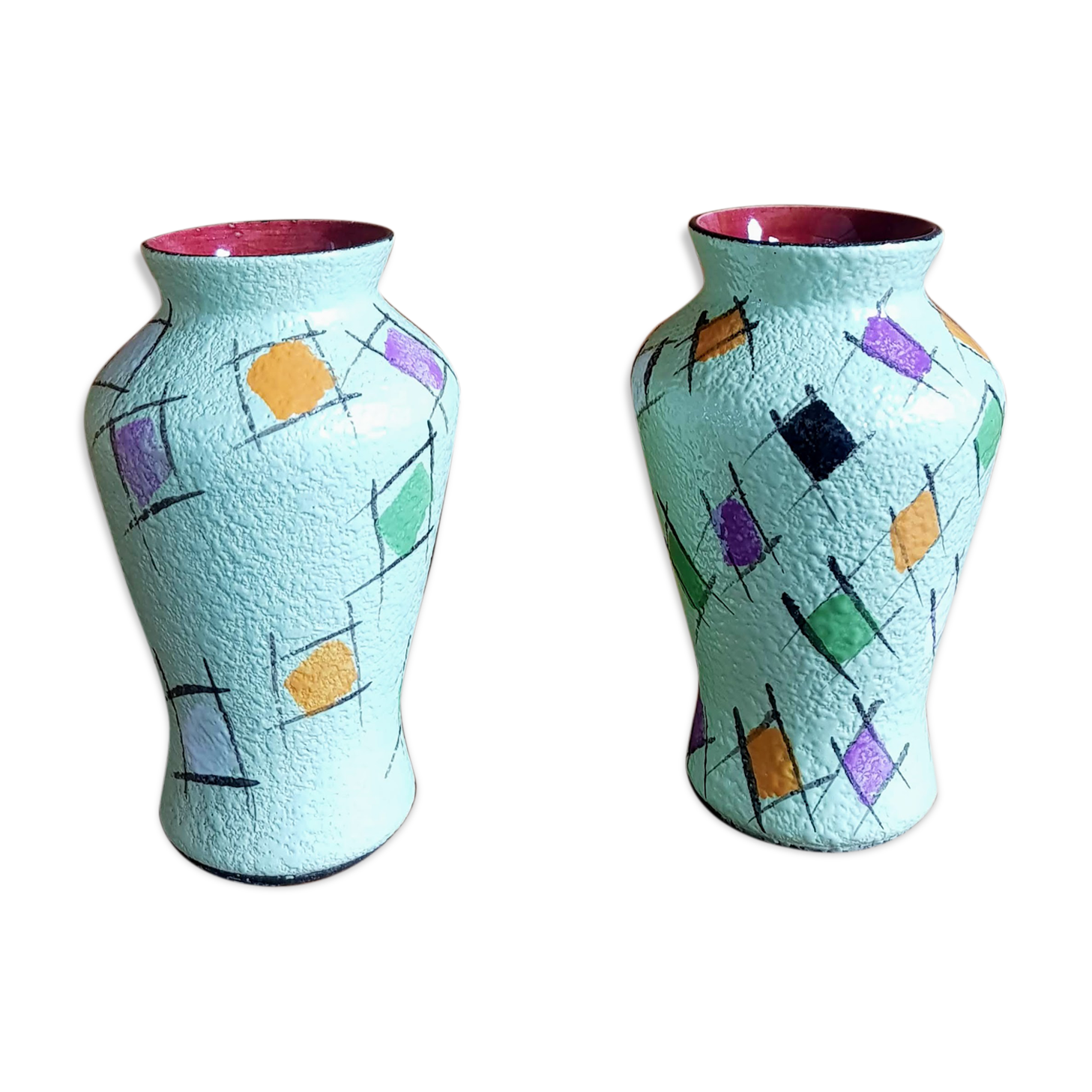 Set of Two Vintage Fat Lava Hand-painted Ceramic Vases by Bay Keramik - West Germany - 1960s