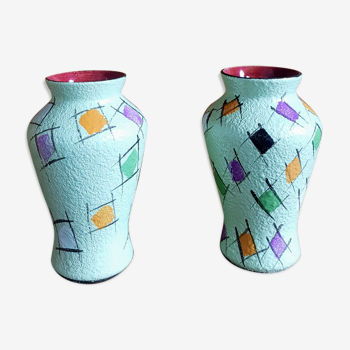 Ensemble de deux vases en céramique vintage fat lava peints à la main par Bay Keramik - Allemagne de l’Ouest - Années 1960