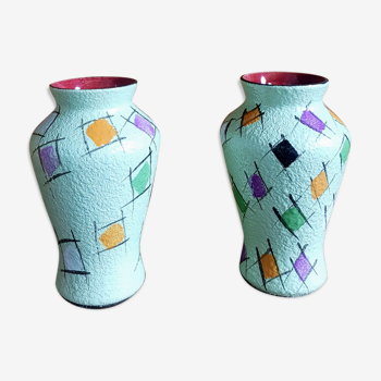 Set of Two Vintage Fat Lava Hand-painted Ceramic Vases by Bay Keramik - West Germany - 1960s