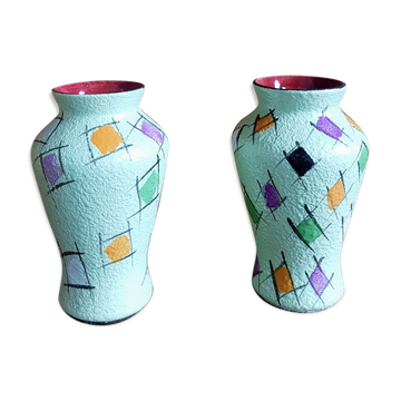 Ensemble de deux vases en céramique vintage fat lava peints à la main par Bay Keramik - Allemagne de l’Ouest - Années 1960