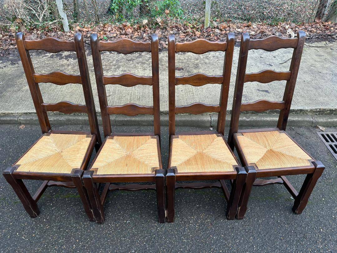 4 dining chairs, solid wood, straw, farmhouse style, dark oak, 20th century, 110cm