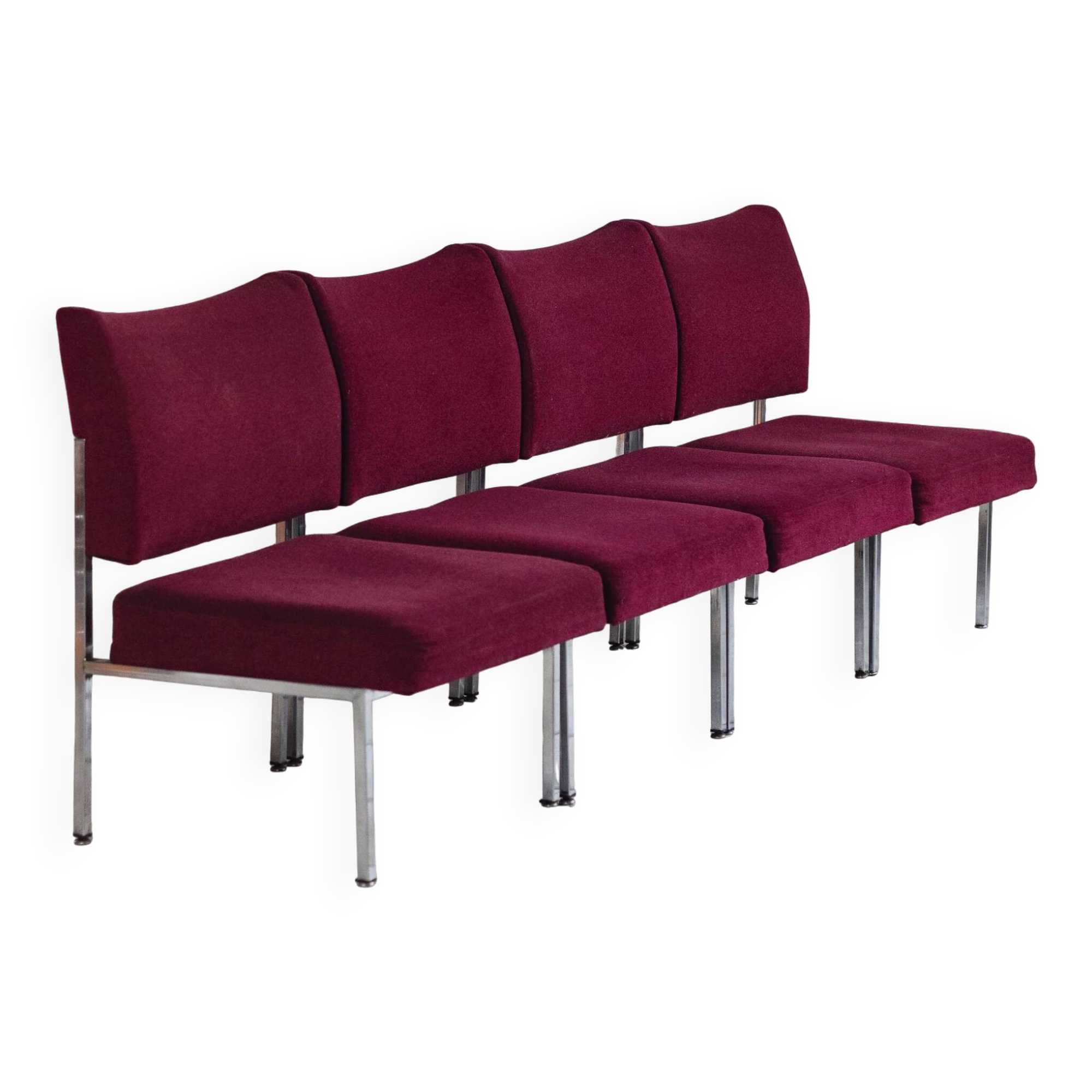 Set of 4 modernist burgundy armchairs, 1970.