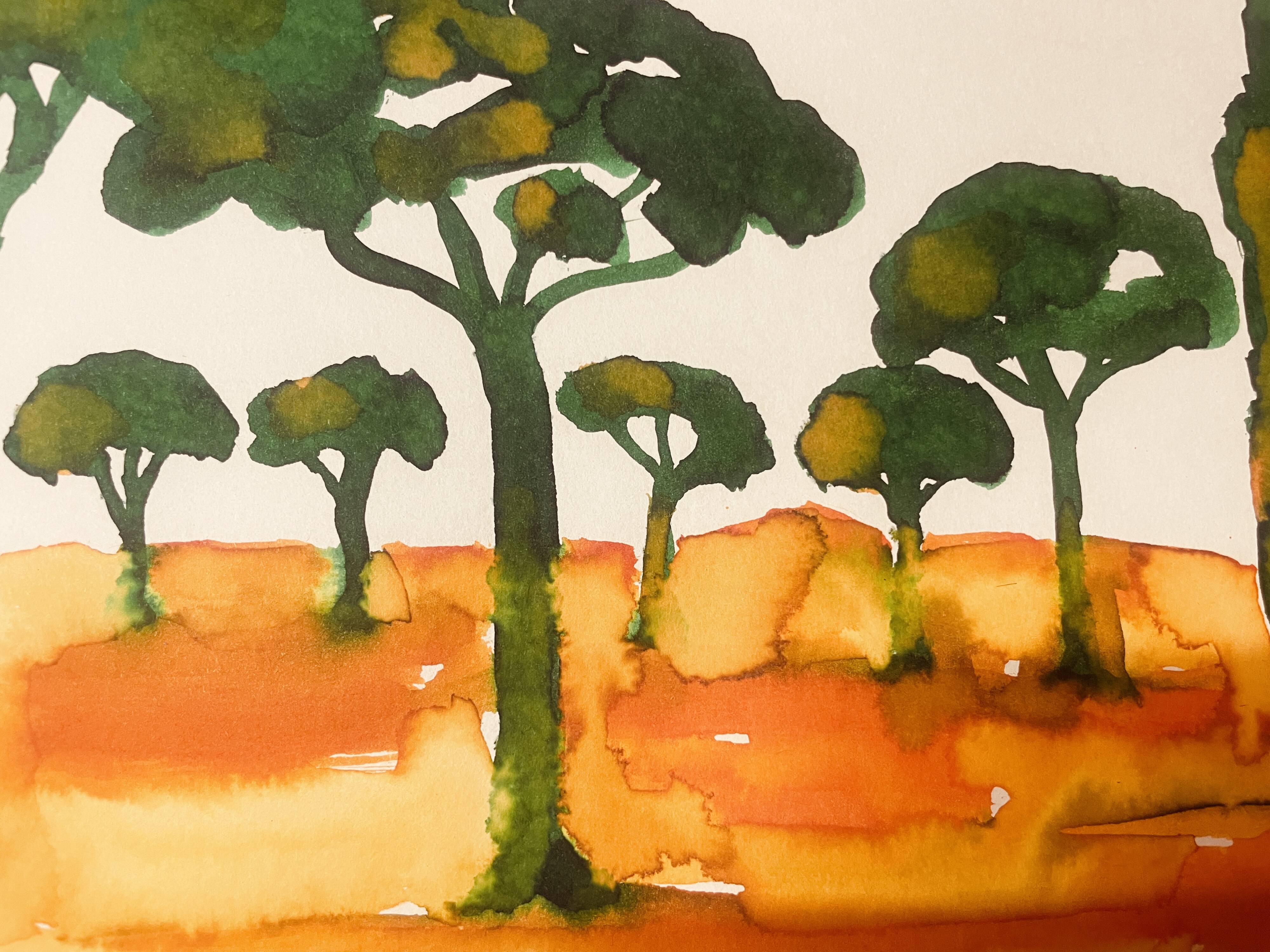 Tableau signé paysage « Lever de soleil provençal dans la pinède »
