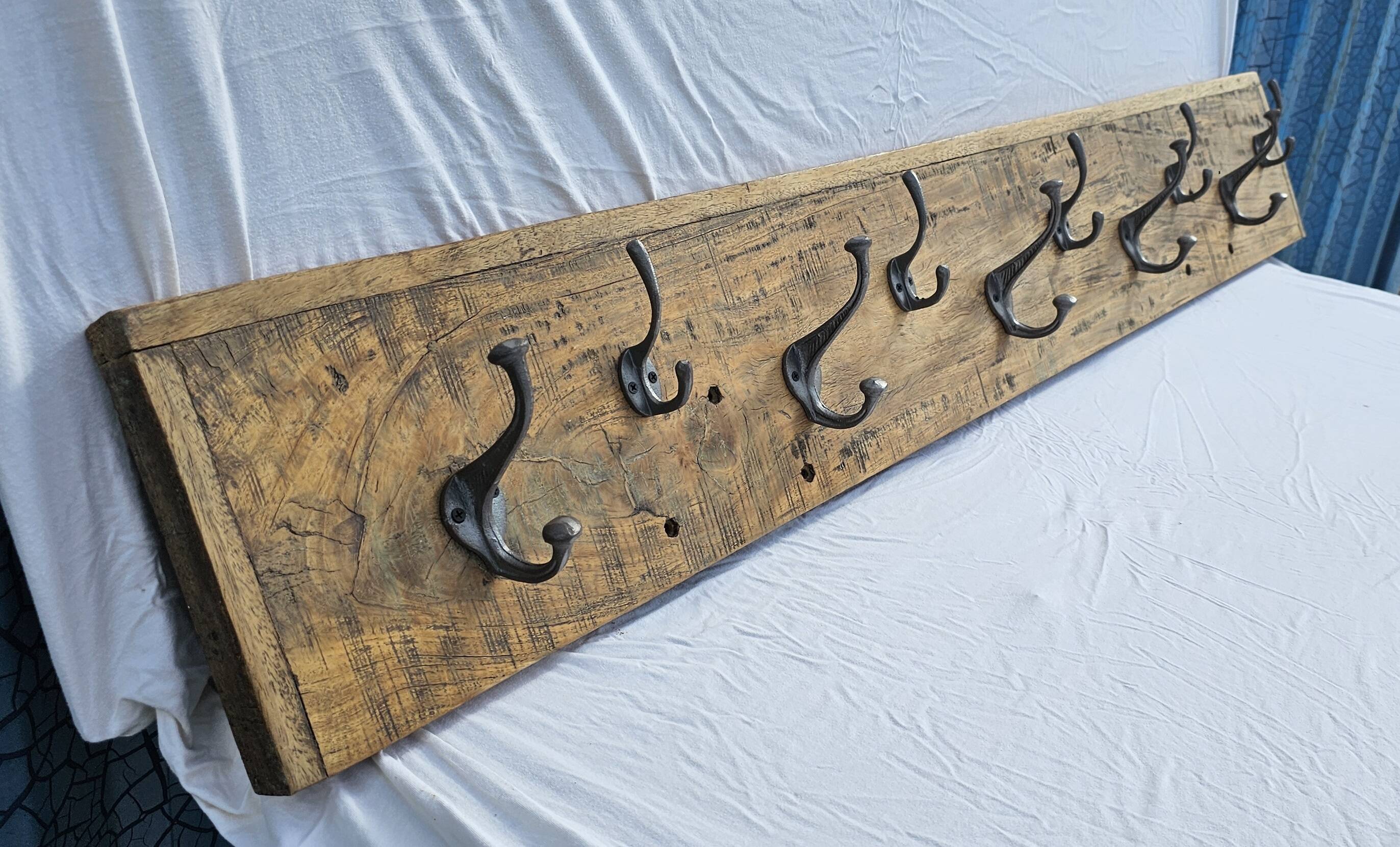 Teak coat rack with 10 double cast iron hooks