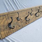 Teak coat rack with 10 double cast iron hooks