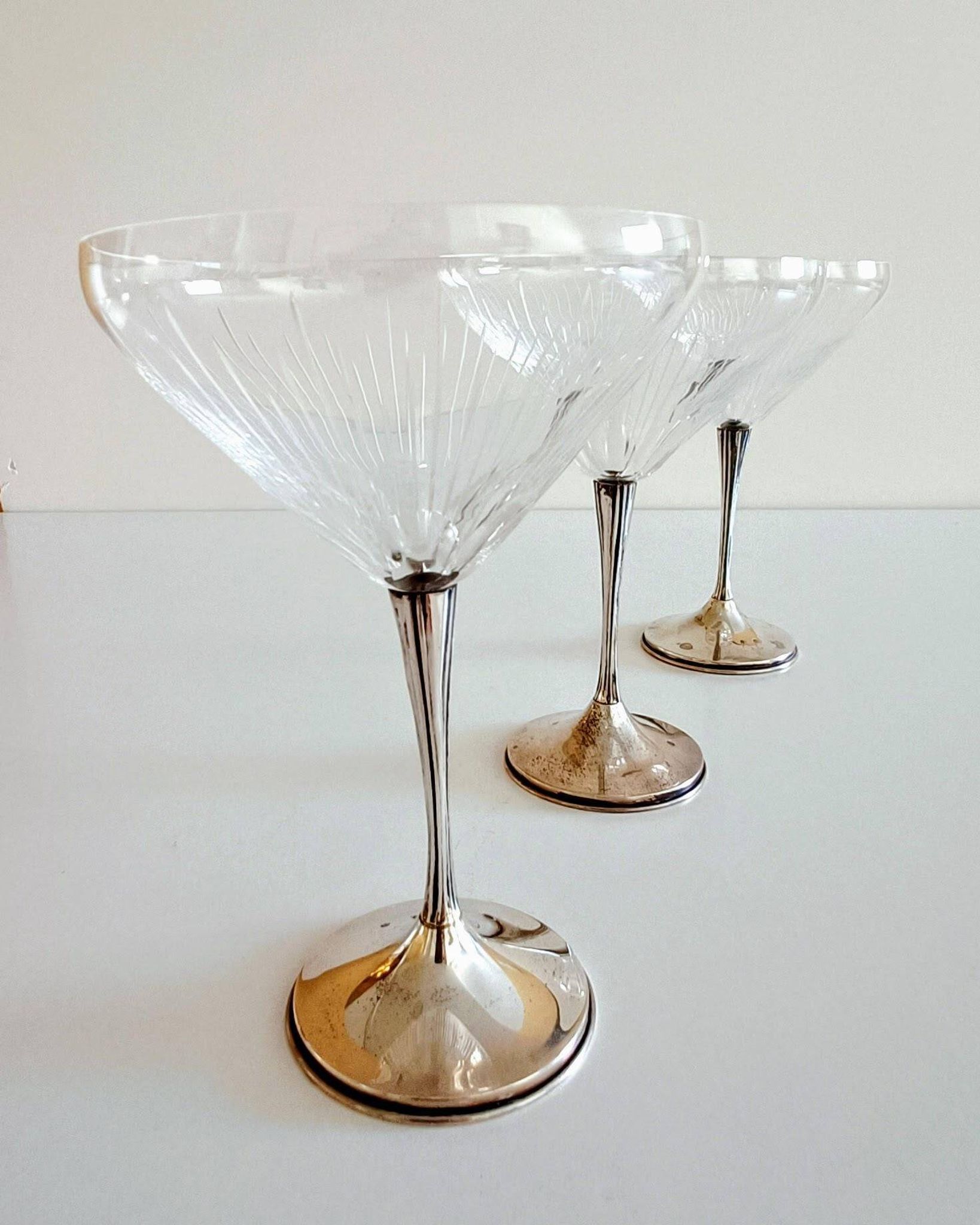 Art Deco Champagne Glasses Set of 3, Sterling Silver & Cut Glass