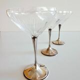 Art Deco Champagne Glasses Set of 3, Sterling Silver & Cut Glass