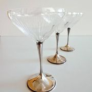Art Deco Champagne Glasses Set of 3, Sterling Silver & Cut Glass