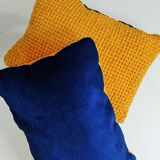 Pair of mustard and ultramarine blue chenille rectangle cushions