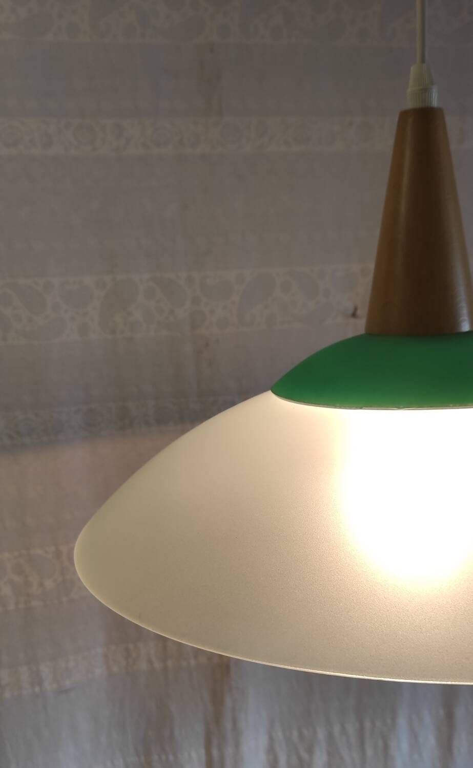 Scandinavian style pendant light in glass and wood - late 20th century
