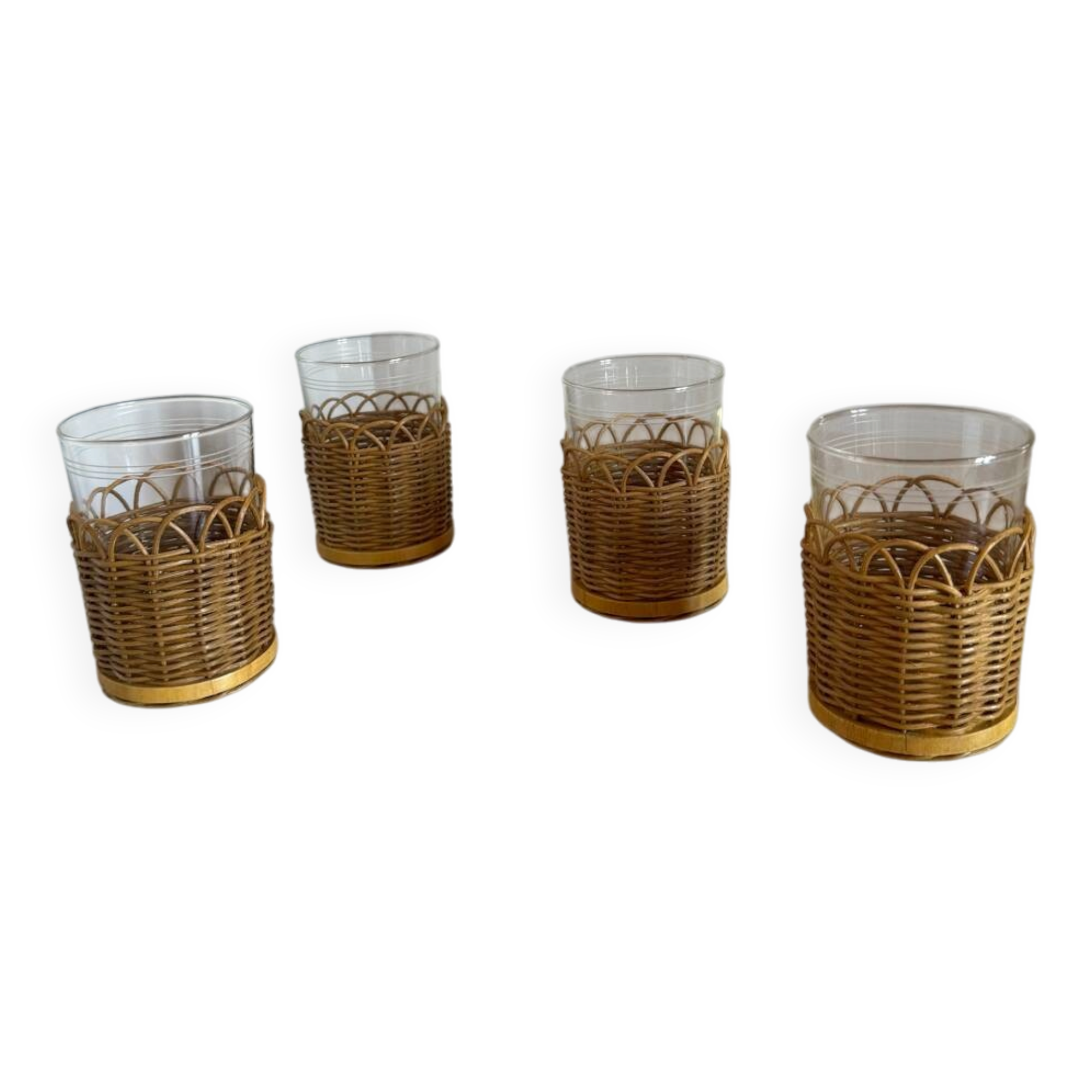 Set of 4 Vintage Set Schott Mainz Clear Glasses With Wicker Cup Holder