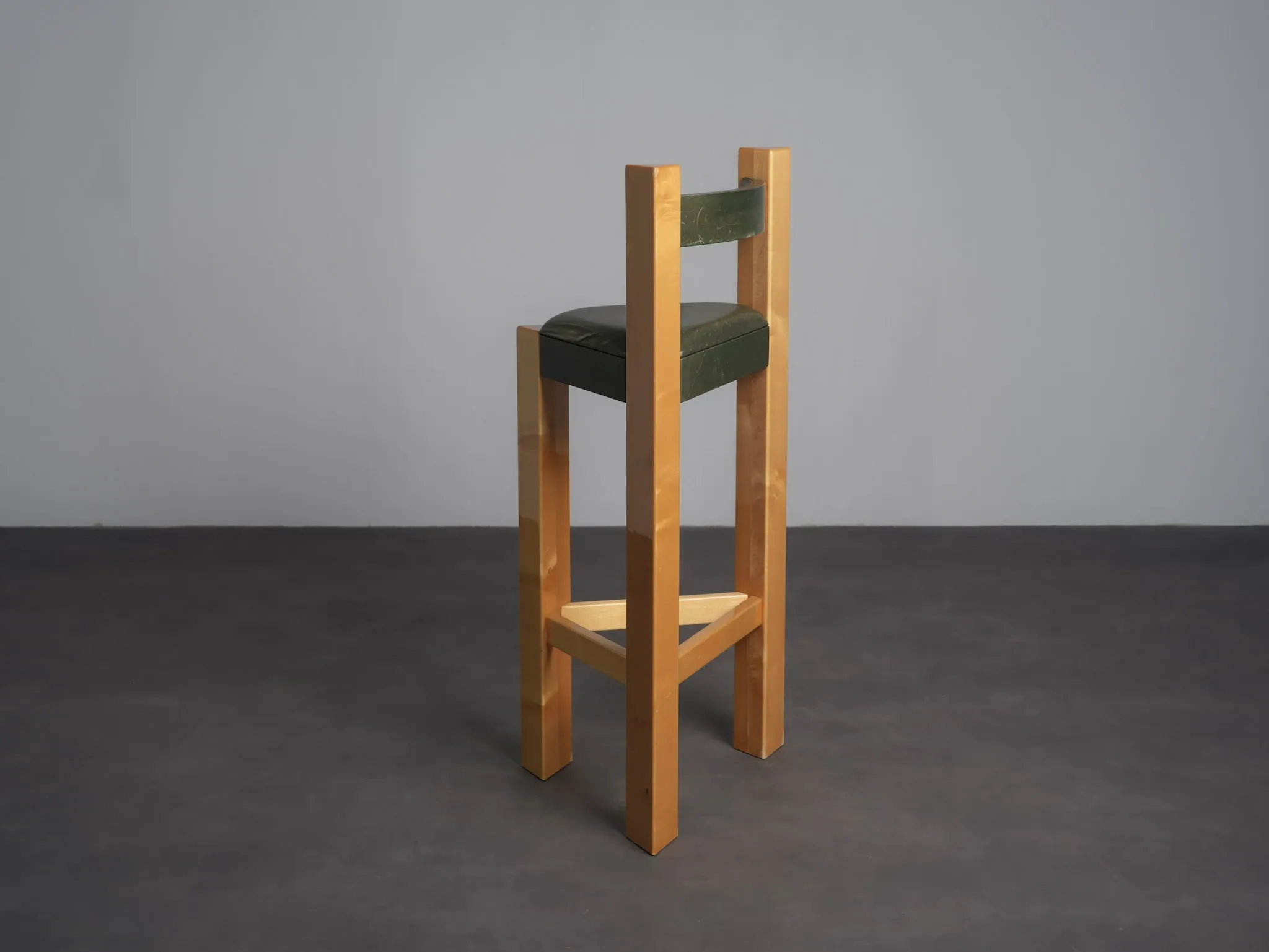 Set of 3 architectural wood and leather bar stools, Netherlands, 1990s