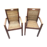 Paire de fauteuils teck et osier tressé