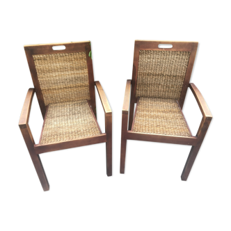 Paire de fauteuils teck et osier tressé