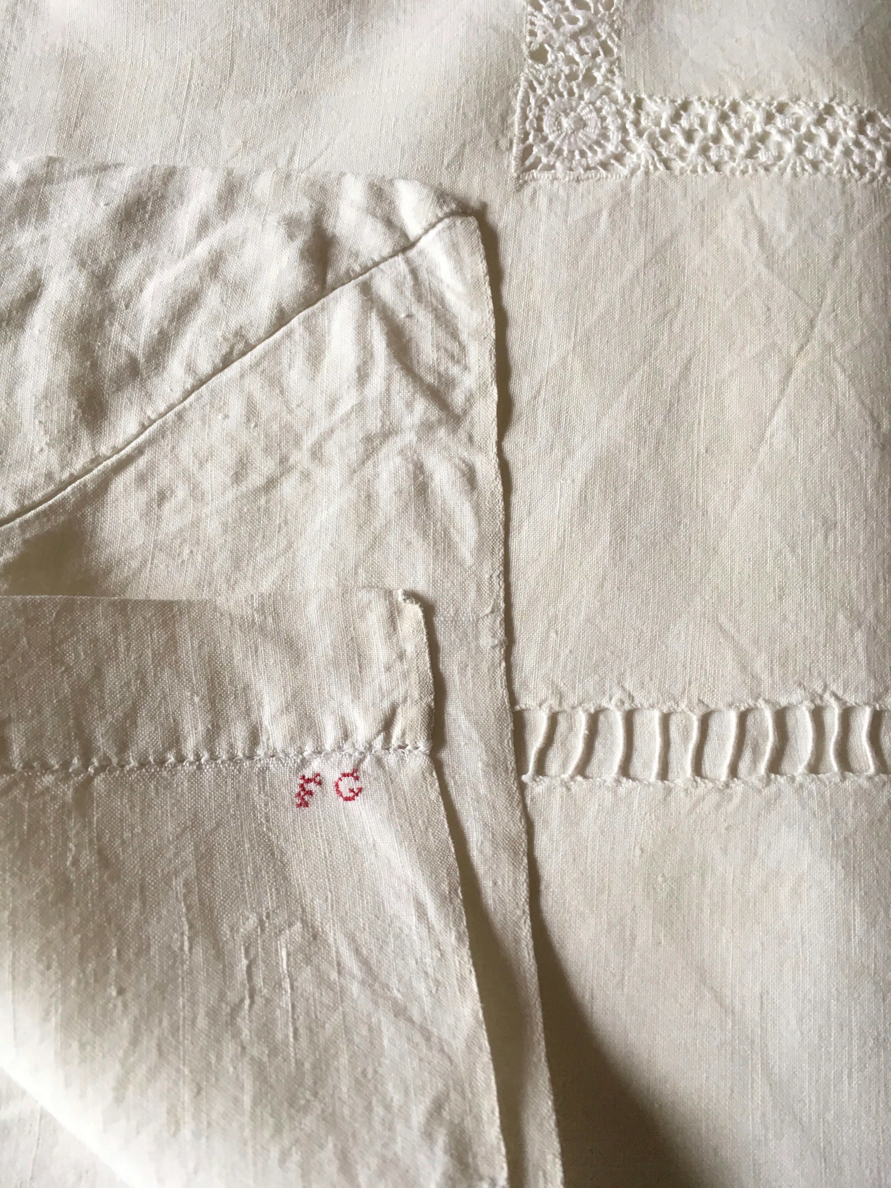 Old original FG Monogram embroidered linen canvas sheet early 20th