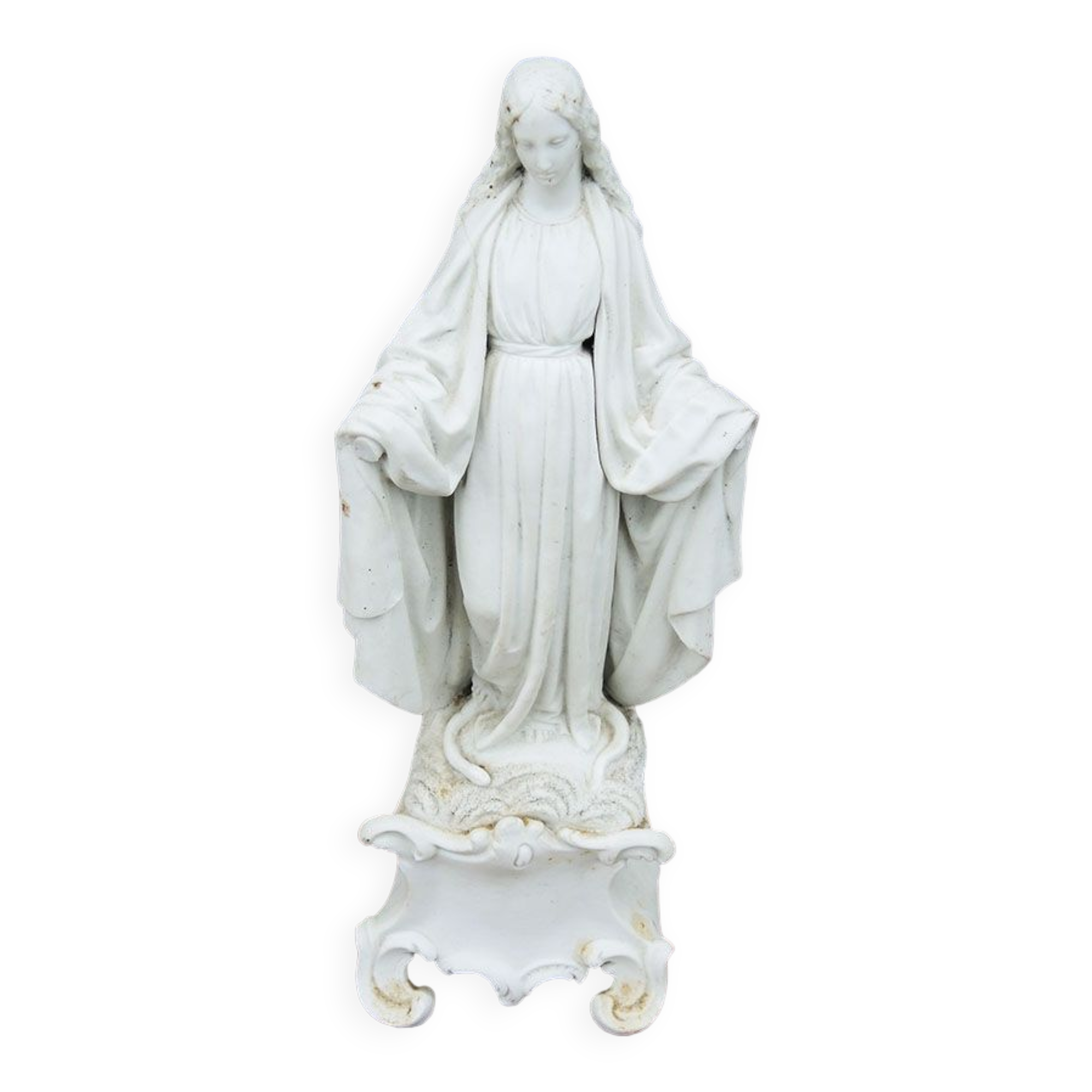 Ancient statuette of the virgin with the serpent in biscuit