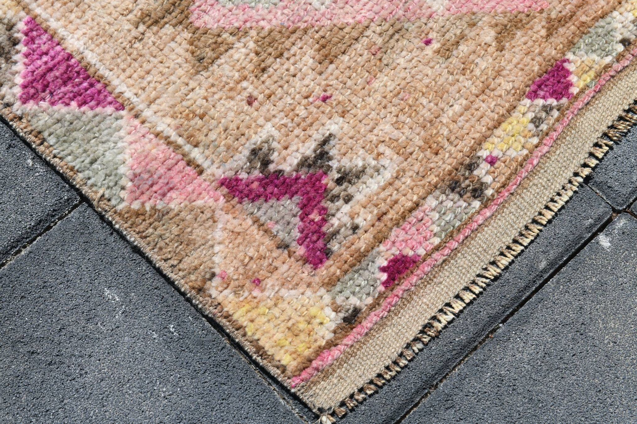 Fuchsia & Pink Vintage Runner Rug,Anatolian Geometric Wool Carpet,80x364 Cm
