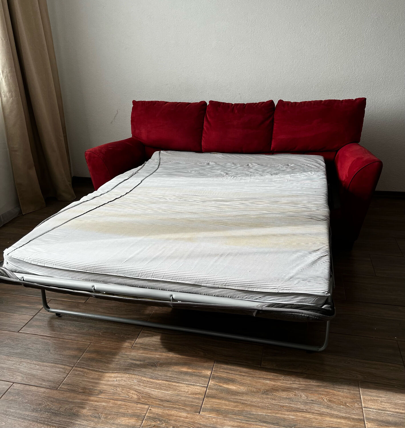 Vintage 3 Seat Red Velour Sofa, Ikea 1990s