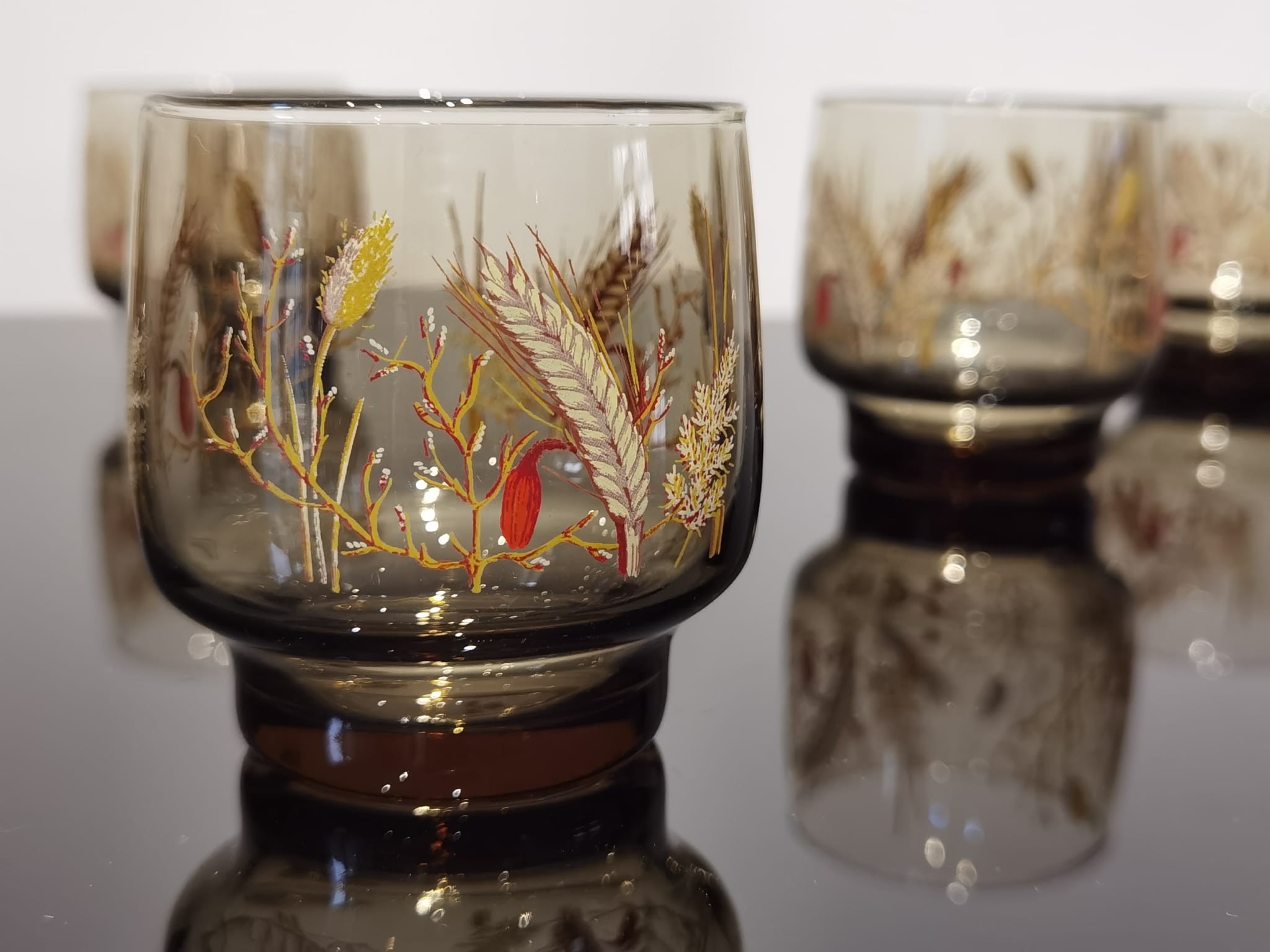 Set of 6 vintage Arcopal glasses in smoked glass country décor "ear of wheat"